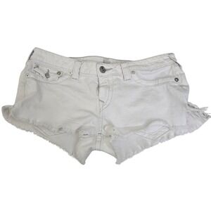 True Religion Basic short White Denim Shorts Frayed Hem Flap Pockets Size 31 Y2K